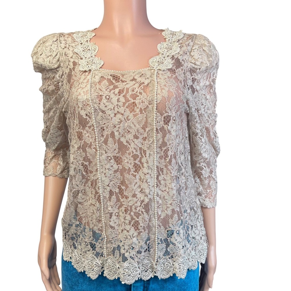 Vintage Beige Lace Blouse Top Sz S Sheer Floralโ Scallop Trim Pearl Button